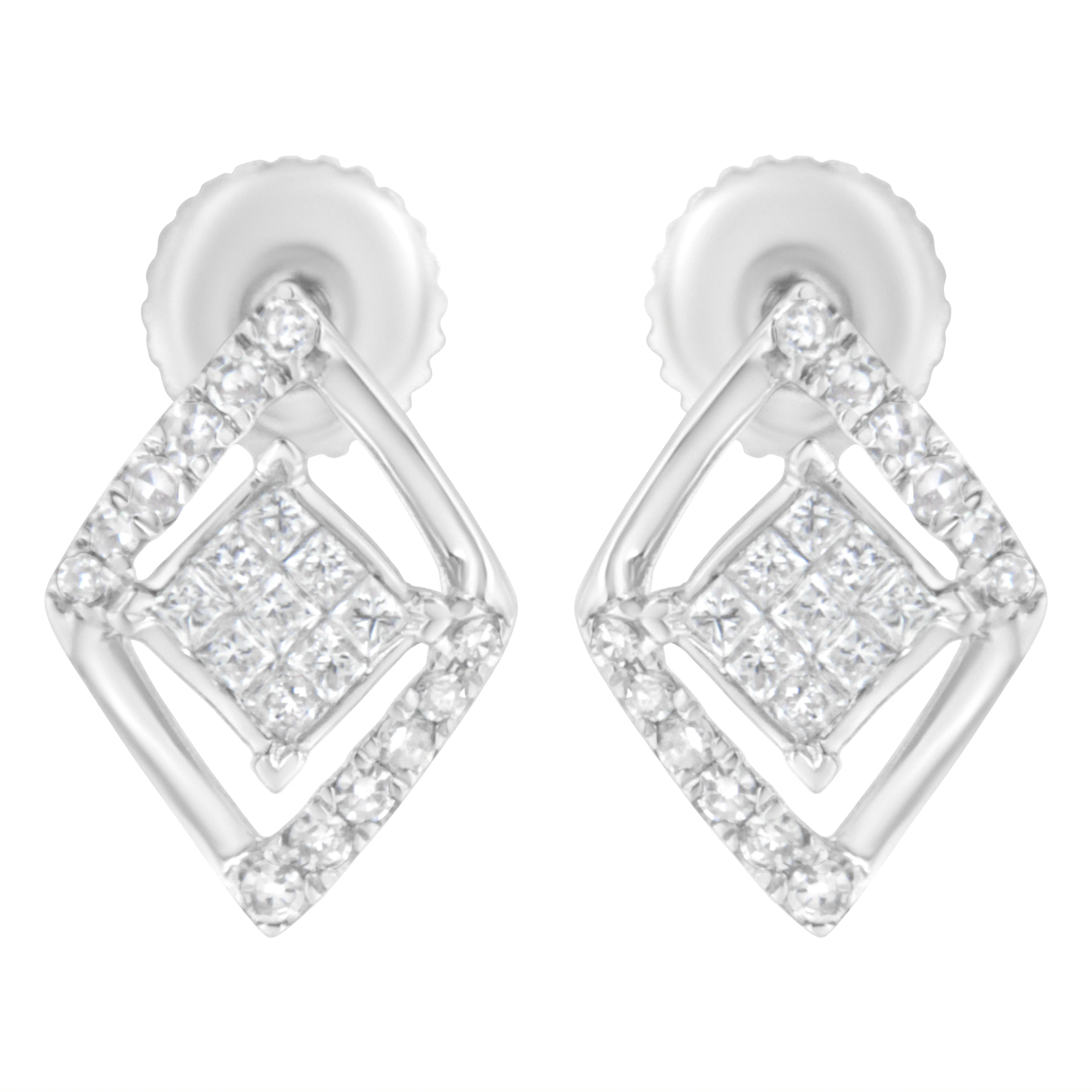 10K White Gold 1/3 cttw Princess-cut Diamond Double Triangle Composite Stud Earrings