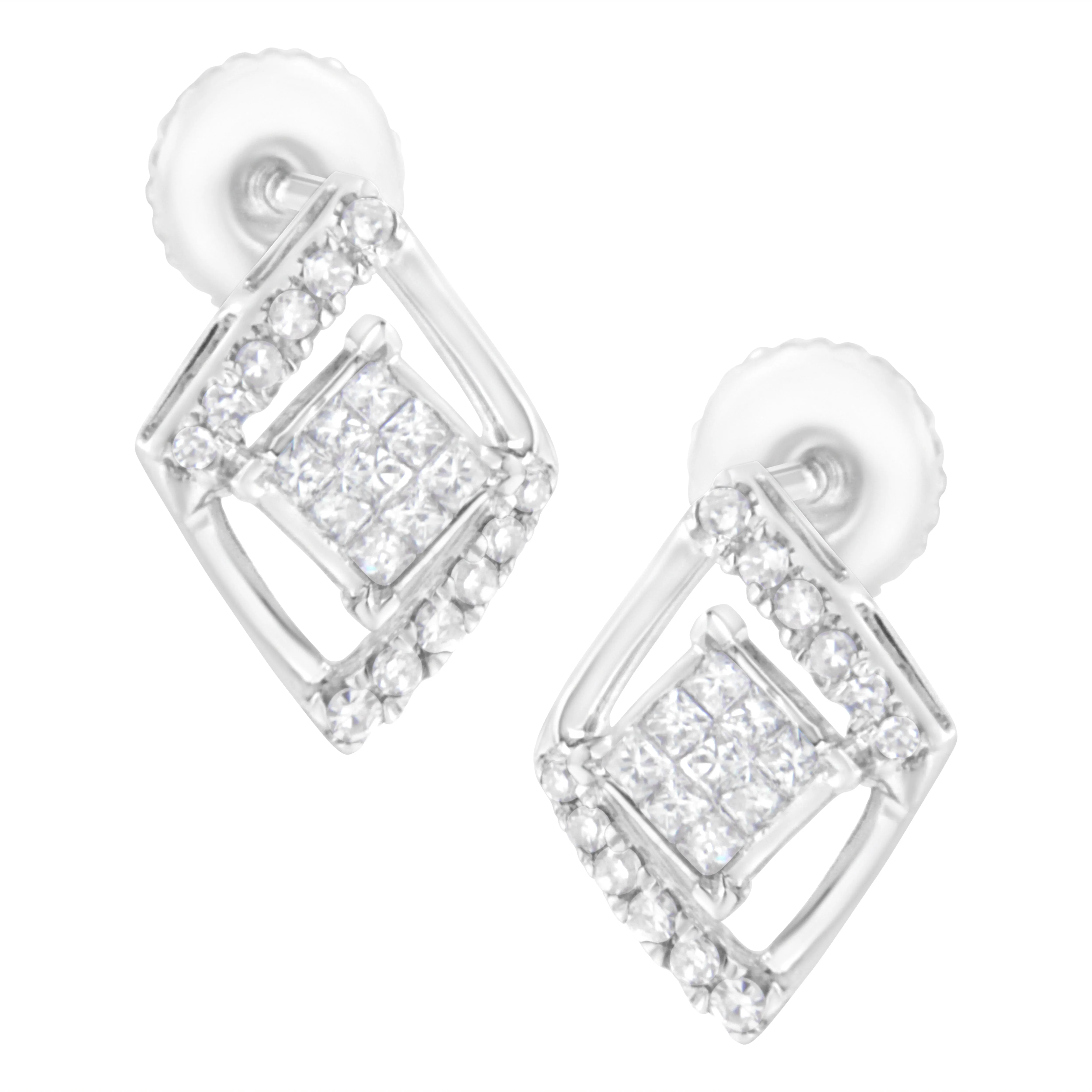 10K White Gold 1/3 cttw Princess-cut Diamond Double Triangle Composite Stud Earrings