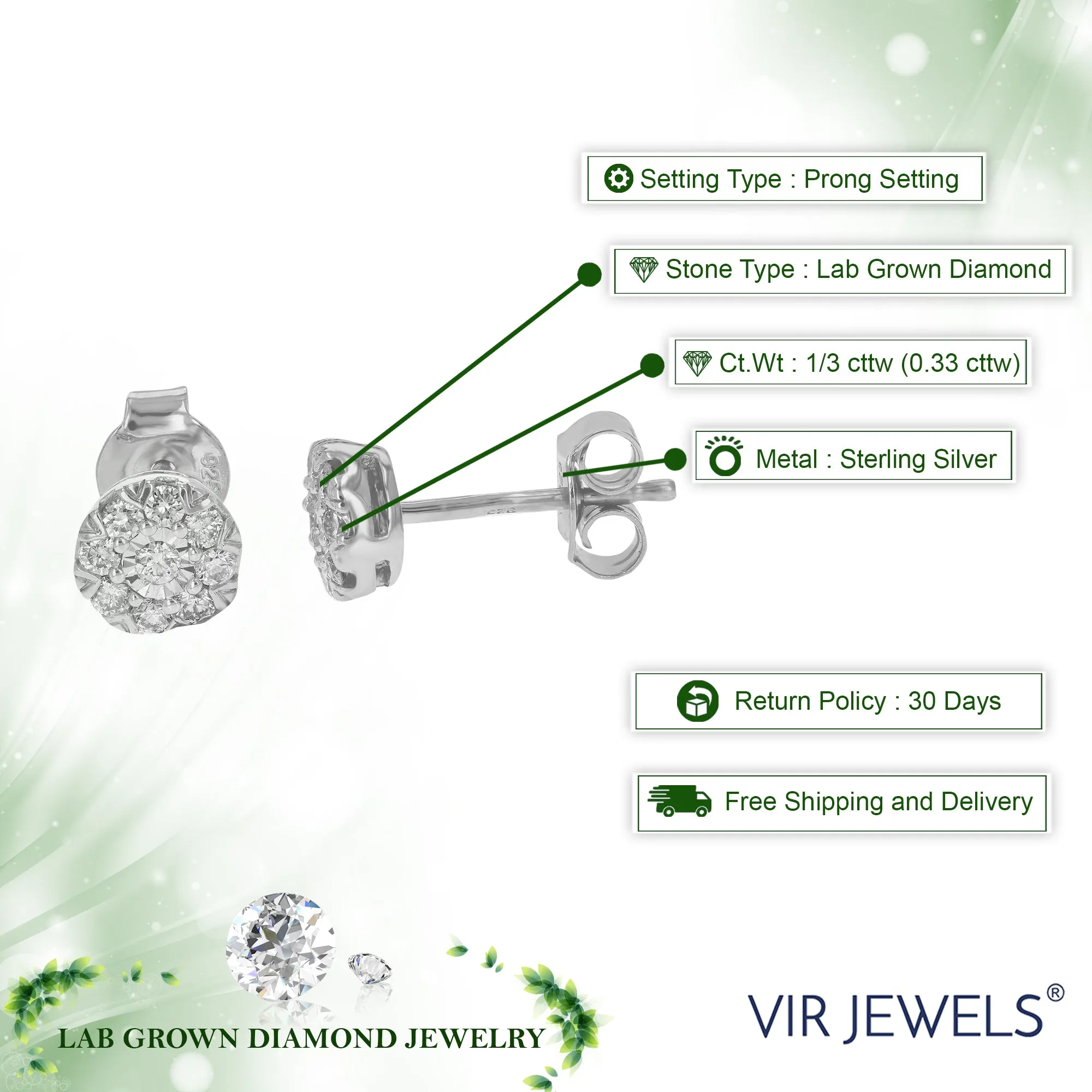 1/3 cttw Round Cut Lab Grown Diamonds Stud Earrings .925 Sterling Silver Round Studs Prong Set