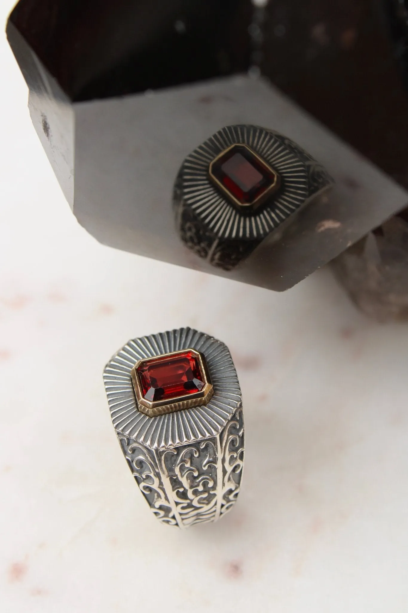 14K Deco Red Garnet Silver Signet Ring