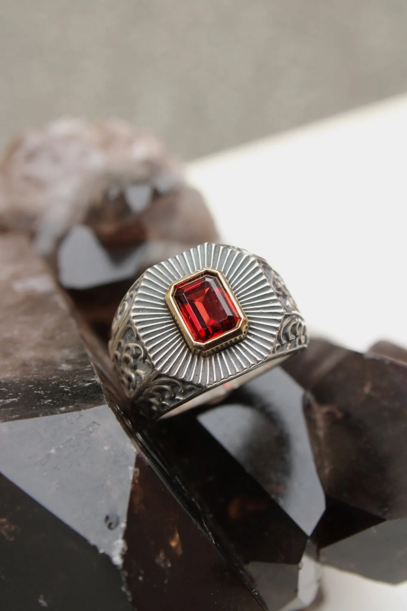 14K Deco Red Garnet Silver Signet Ring