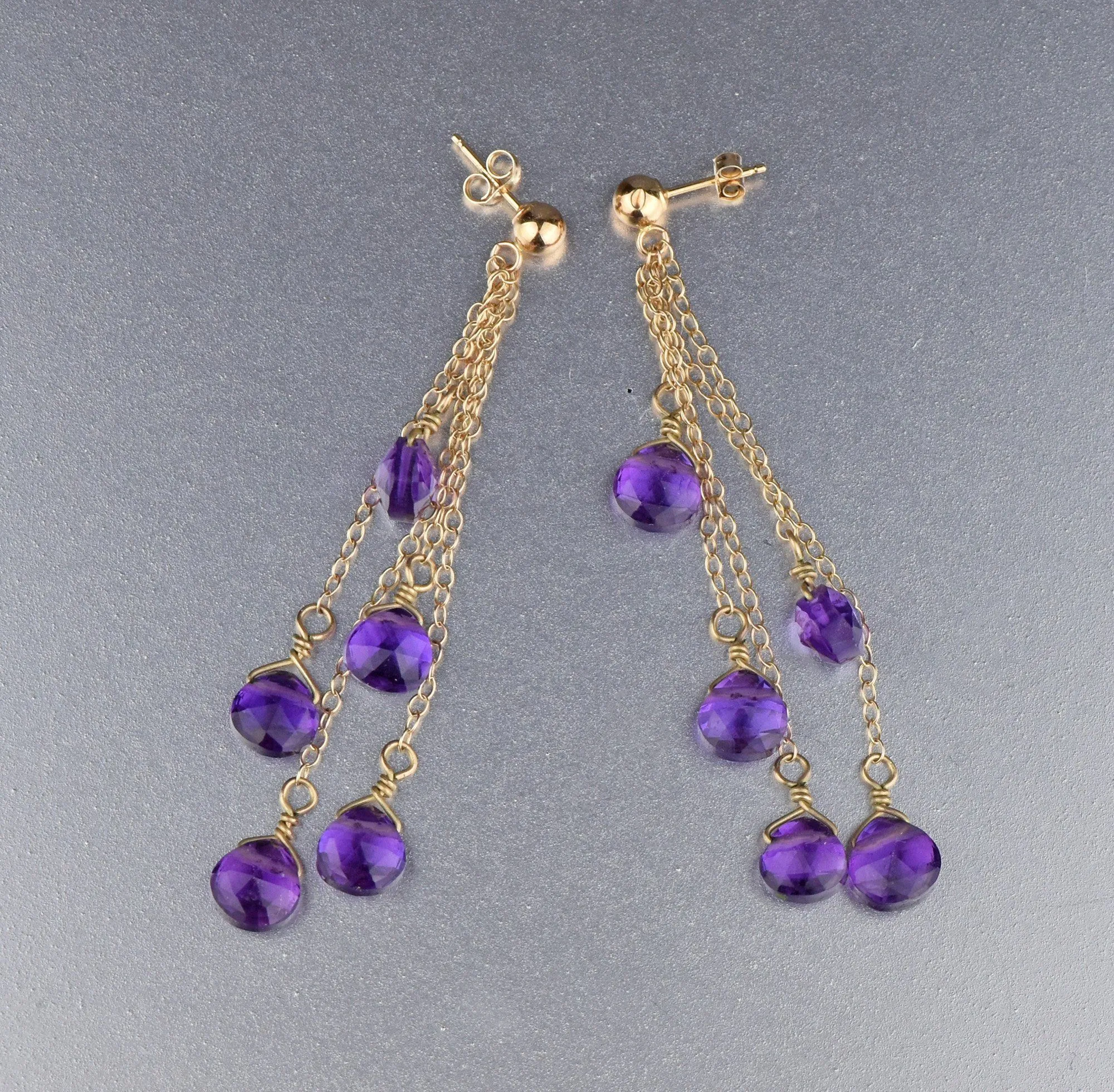 14K Gold Chain Amethyst Dangle Chandelier Earrings