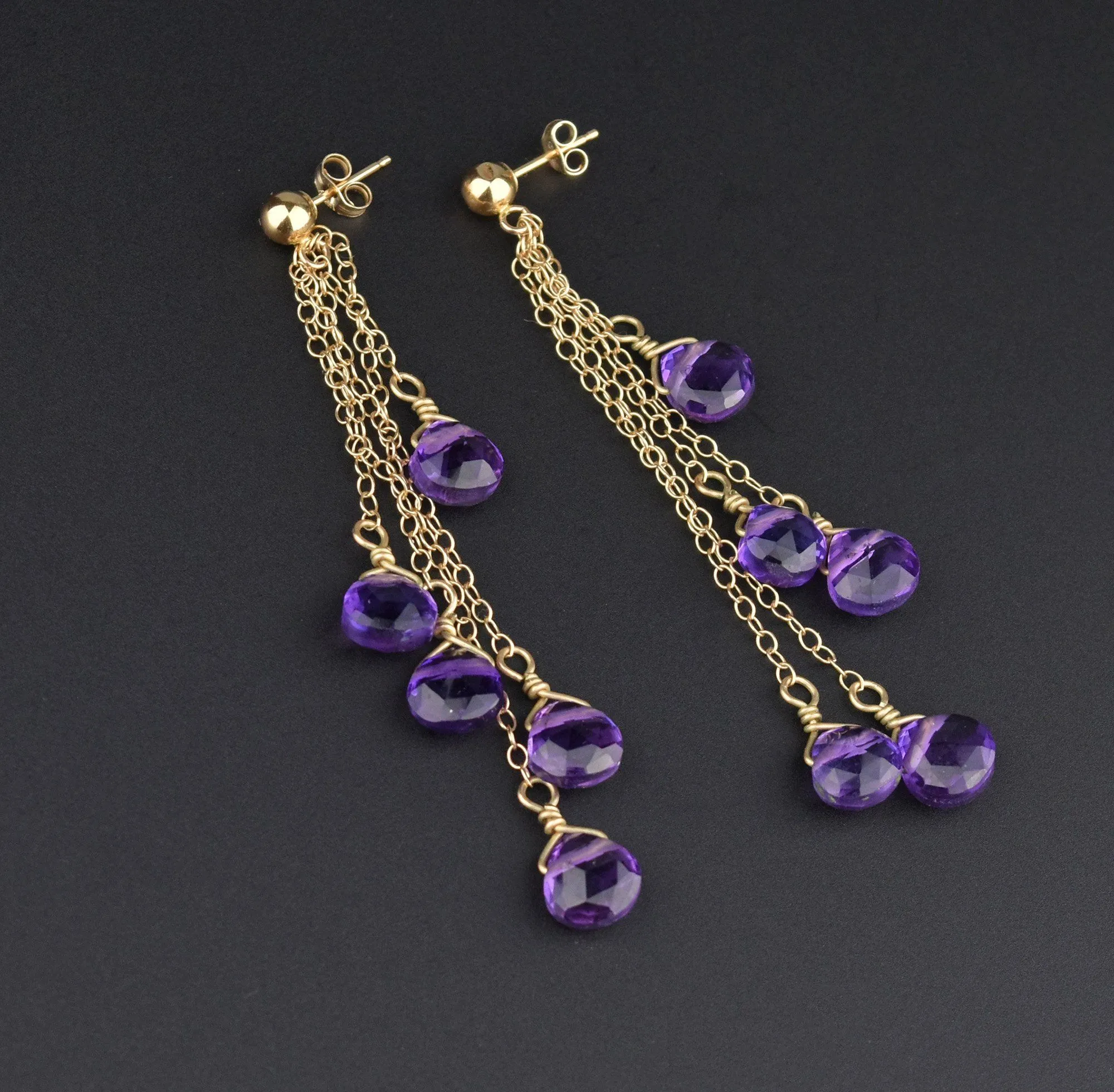 14K Gold Chain Amethyst Dangle Chandelier Earrings