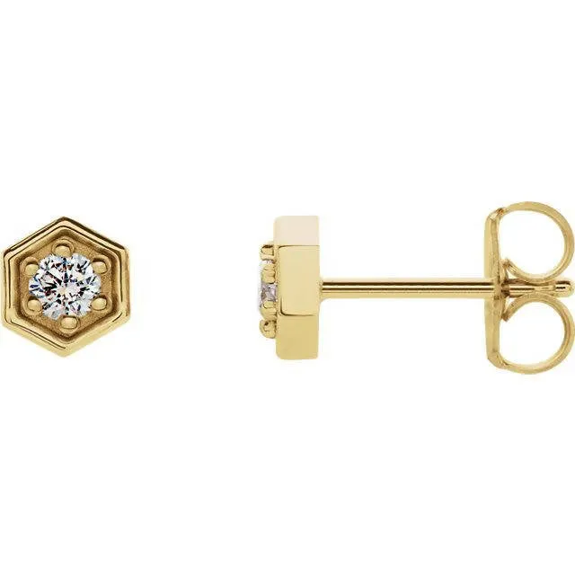 14k Gold Diamond Hexagon Stud Earrings