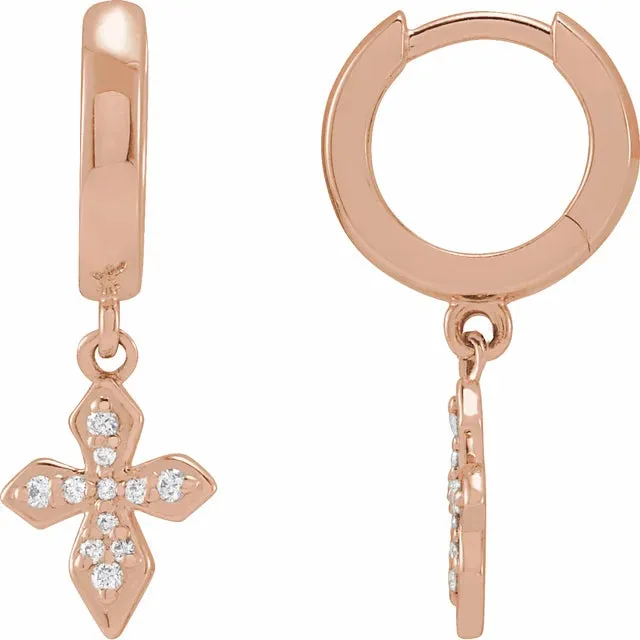 14K Rose Gold 1/10 CTW Natural Diamond Cross Hoop Earrings