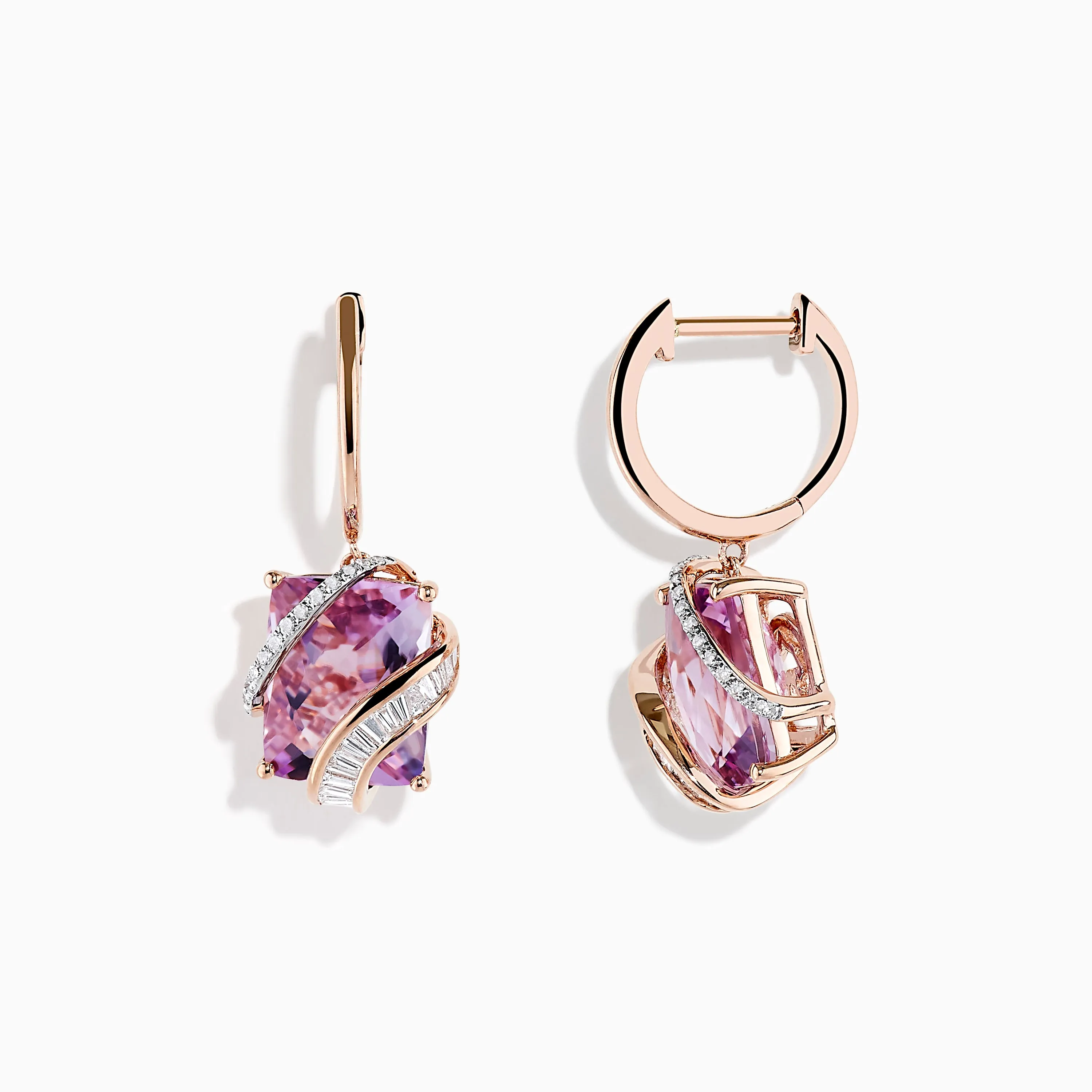 14K Rose Gold Pink Amethyst and Diamond Drop Earrings