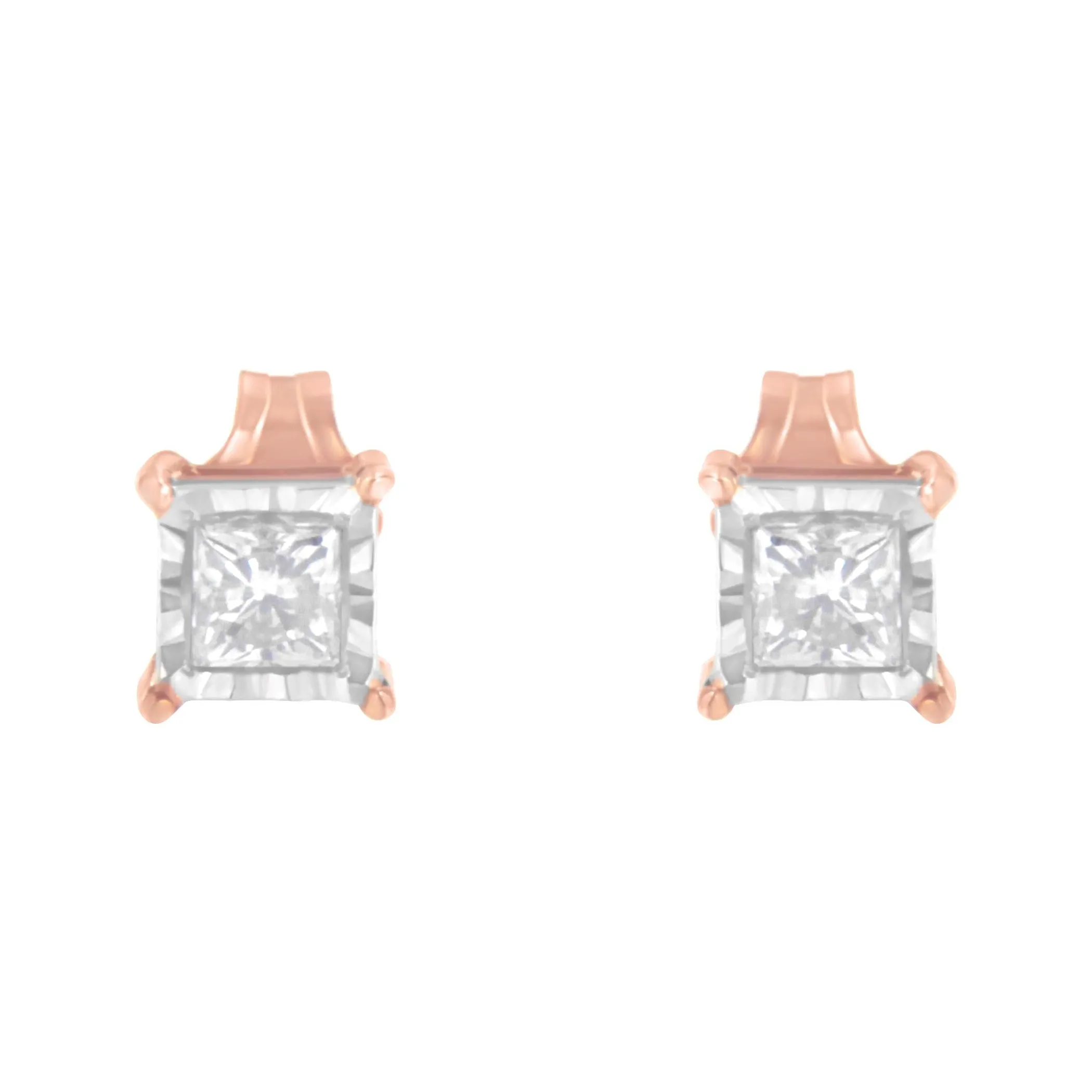 14K Rose Gold Plated Two-Tone .925 Sterling Silver 1/2 Cttw Princess-Cut Square Near Colorless Diamond Solitaire Miracle-Plate Stud Earrings (J-K Color, I2-I3 Clarity)