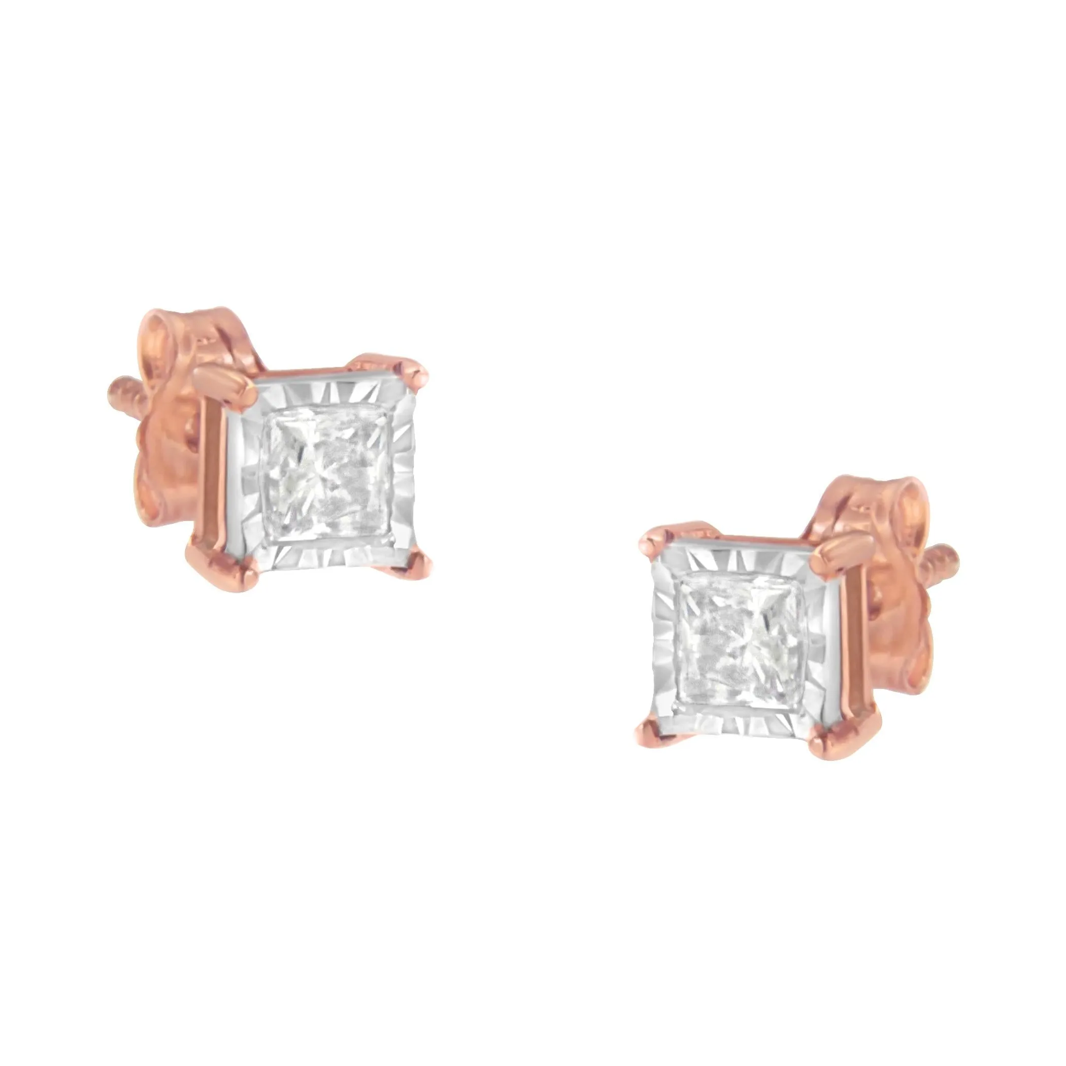 14K Rose Gold Plated Two-Tone .925 Sterling Silver 1/2 Cttw Princess-Cut Square Near Colorless Diamond Solitaire Miracle-Plate Stud Earrings (J-K Color, I2-I3 Clarity)