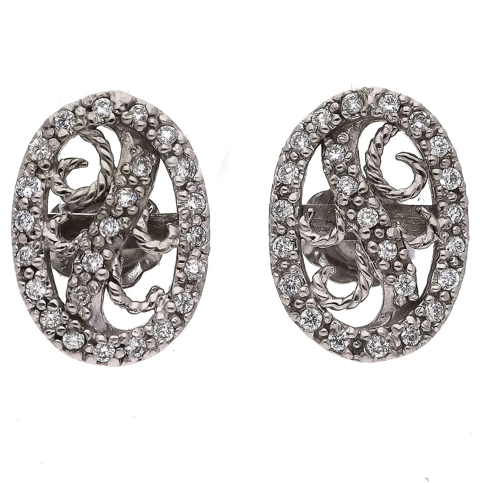 14K White Gold Diamond Cluster Oval Stud Earrings