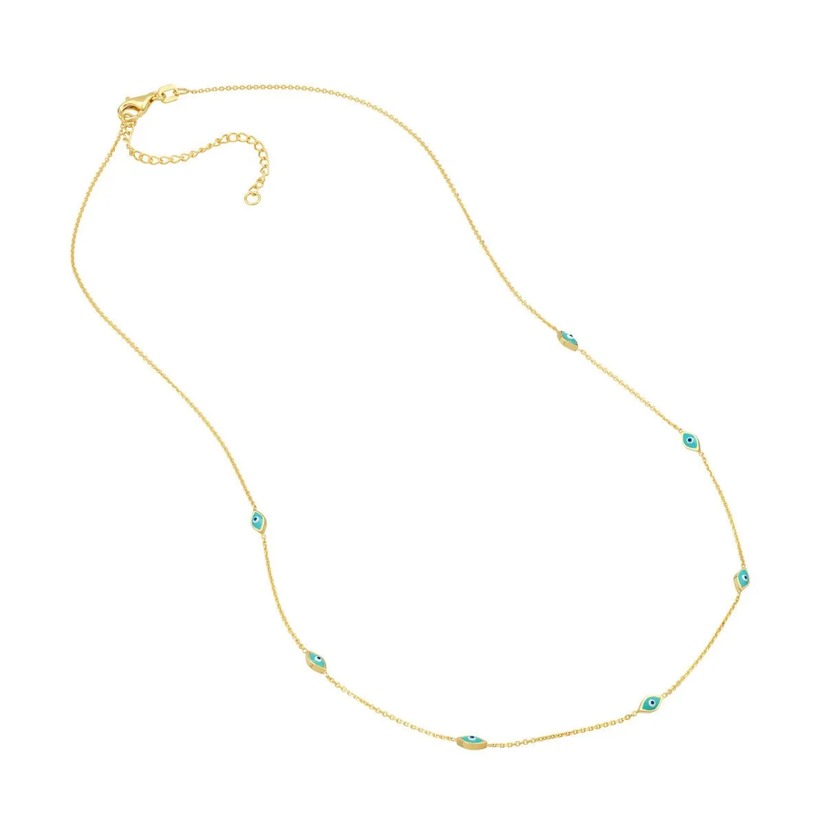 14K Yellow Gold Turquoise Enamel Evil Eye Station Necklace