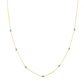 14K Yellow Gold Turquoise Enamel Evil Eye Station Necklace