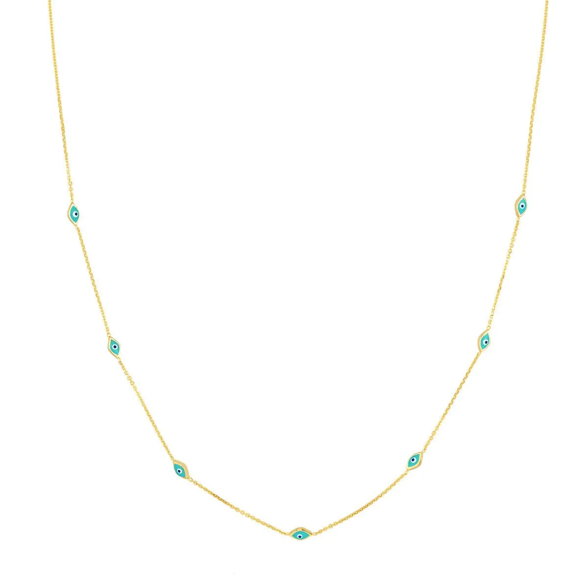 14K Yellow Gold Turquoise Enamel Evil Eye Station Necklace