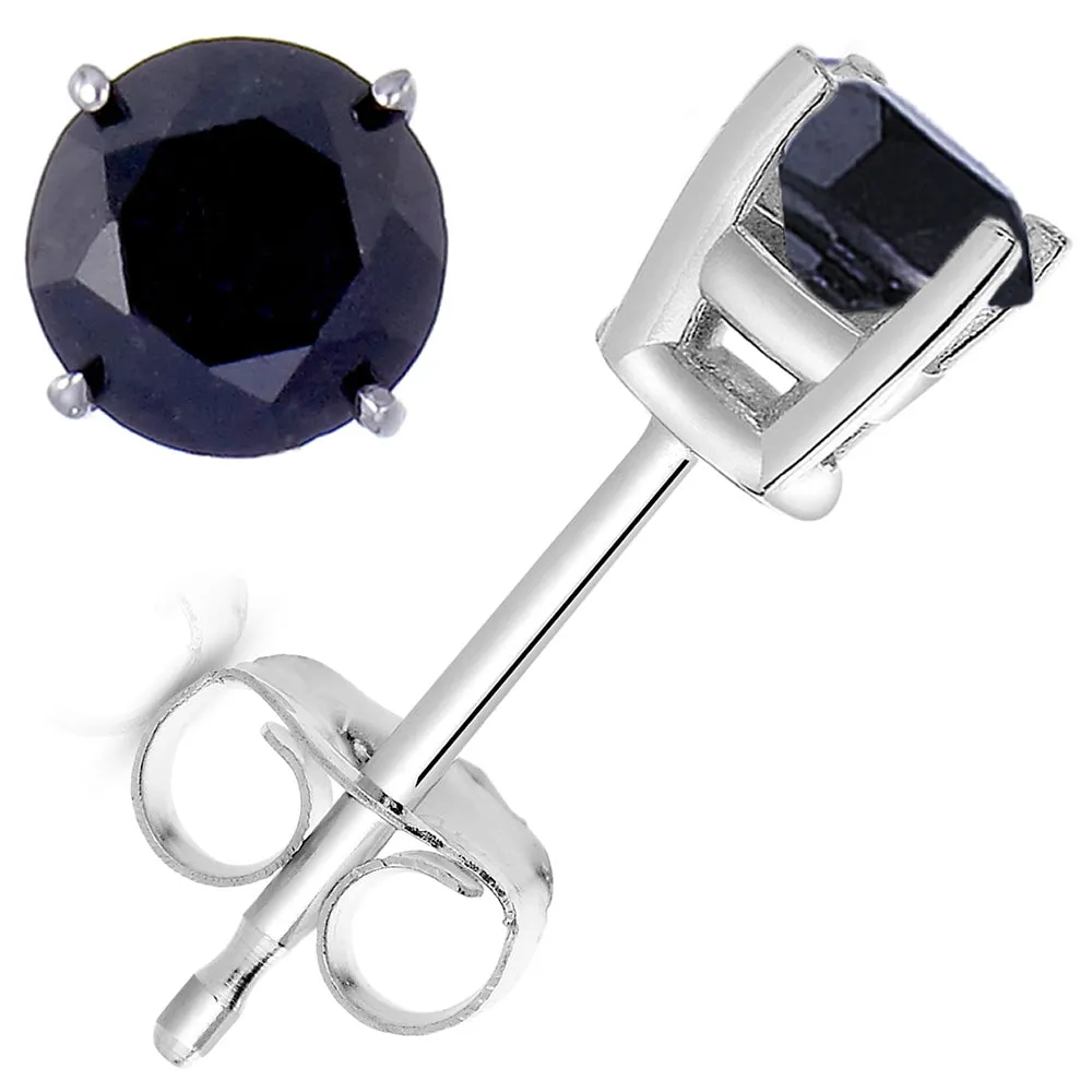 1.50 cttw Black Diamond Stud Earrings .925 Sterling Silver Round with Push Backs