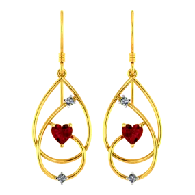 18k Diamond Earrings With Intricate Design And Red Heart Shaped Stone