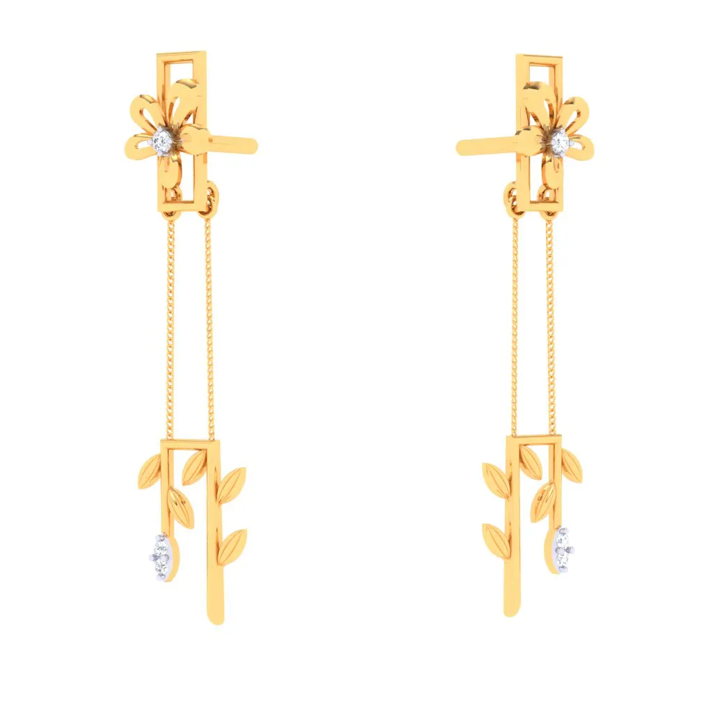 18k Flower In A Box Shaped Diamond Earrings With A Hanging Leafy Design