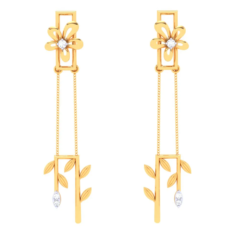 18k Flower In A Box Shaped Diamond Earrings With A Hanging Leafy Design