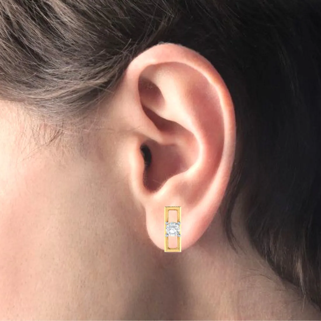 18k Rectangular Designed Diamond And Gold Earrings