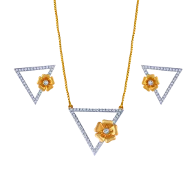 18k Triangular Diamond Necklace Earrings Set With An Intricate Flower