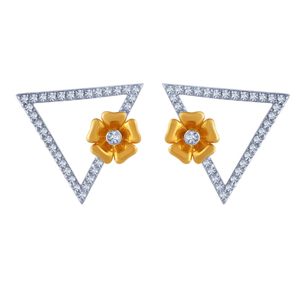 18k Triangular Diamond Necklace Earrings Set With An Intricate Flower