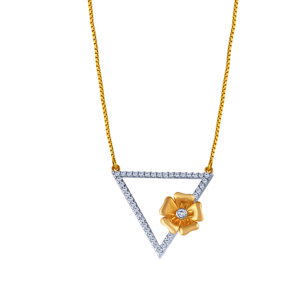 18k Triangular Diamond Necklace Earrings Set With An Intricate Flower