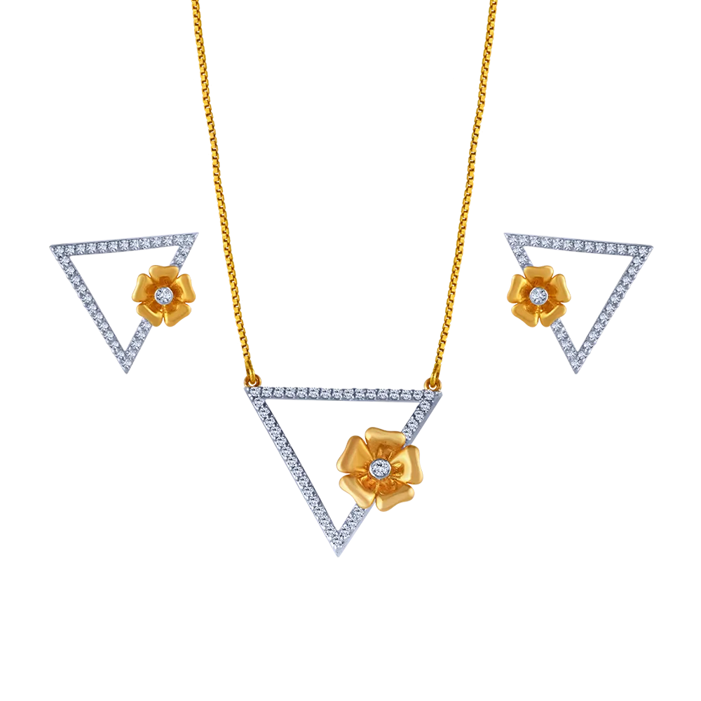 18k Triangular Diamond Necklace Earrings Set With An Intricate Flower