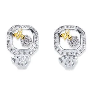 18K Two Tone Diamonds And White Agate Earrings