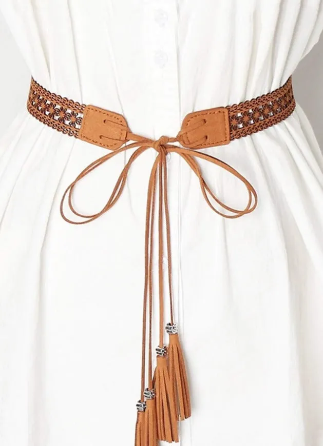 1pc Hollow Out Tassel Waist Belt, Fashionable Waistband For Dress, Shirt, And Skirt With Tie-knot Detail, Faux Leather Material