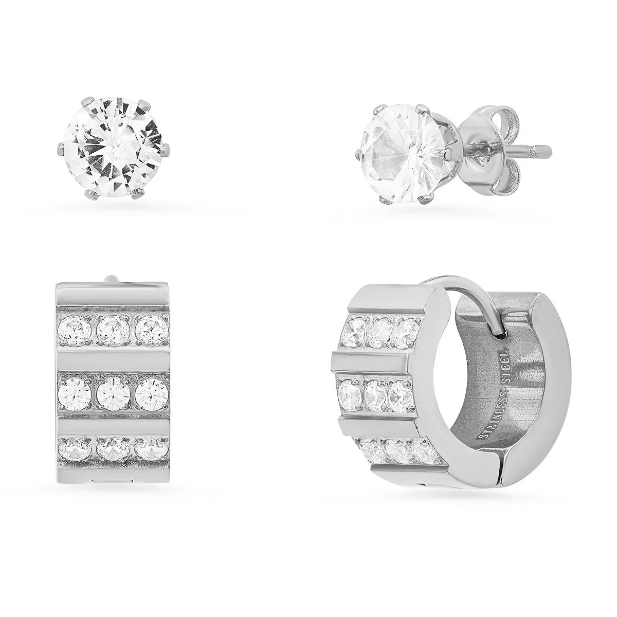 2-Piece Set: Stainless Steel and Simulated Diamond Cross Studs/Huggie Earrings