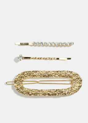 3-Piece Textured Oval Metal & Rhinestone Studded Hair Pins