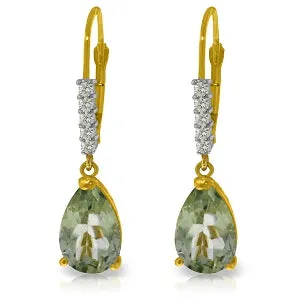 3.15 Carat 14K Solid Yellow Gold Leverback Earrings Diamond Green Amethyst