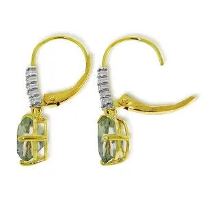 3.15 Carat 14K Solid Yellow Gold Leverback Earrings Diamond Green Amethyst