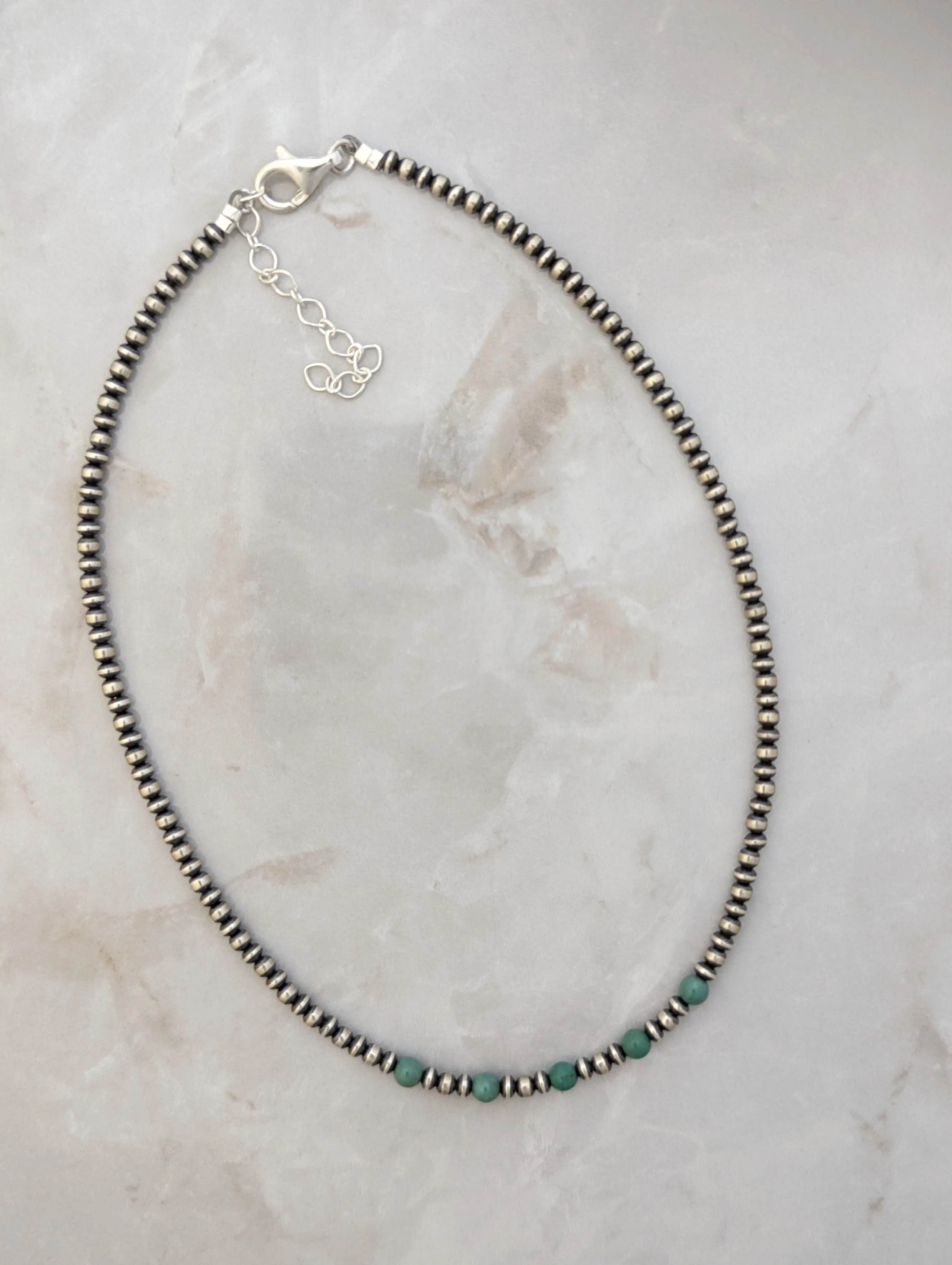 3mm Navajo Pearls & 5 Stone Green Turquoise Necklace Sterling Silver