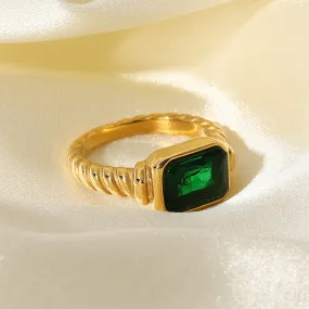 4FunGift® Dainty Gold Plated Rectangle Emerald Imitation Signet Ring Jewelry Luxury Zircon Stone Rings for Women Gold Gem Ring