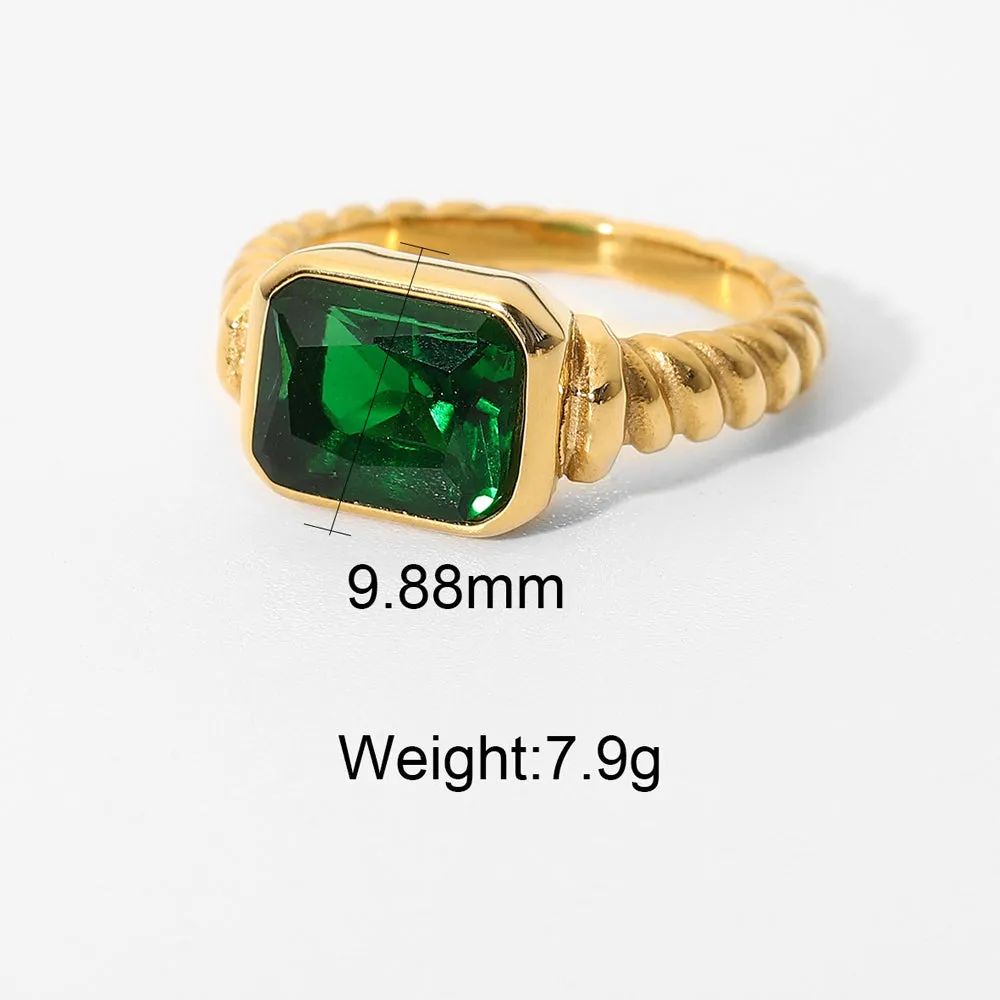 4FunGift® Dainty Gold Plated Rectangle Emerald Imitation Signet Ring Jewelry Luxury Zircon Stone Rings for Women Gold Gem Ring