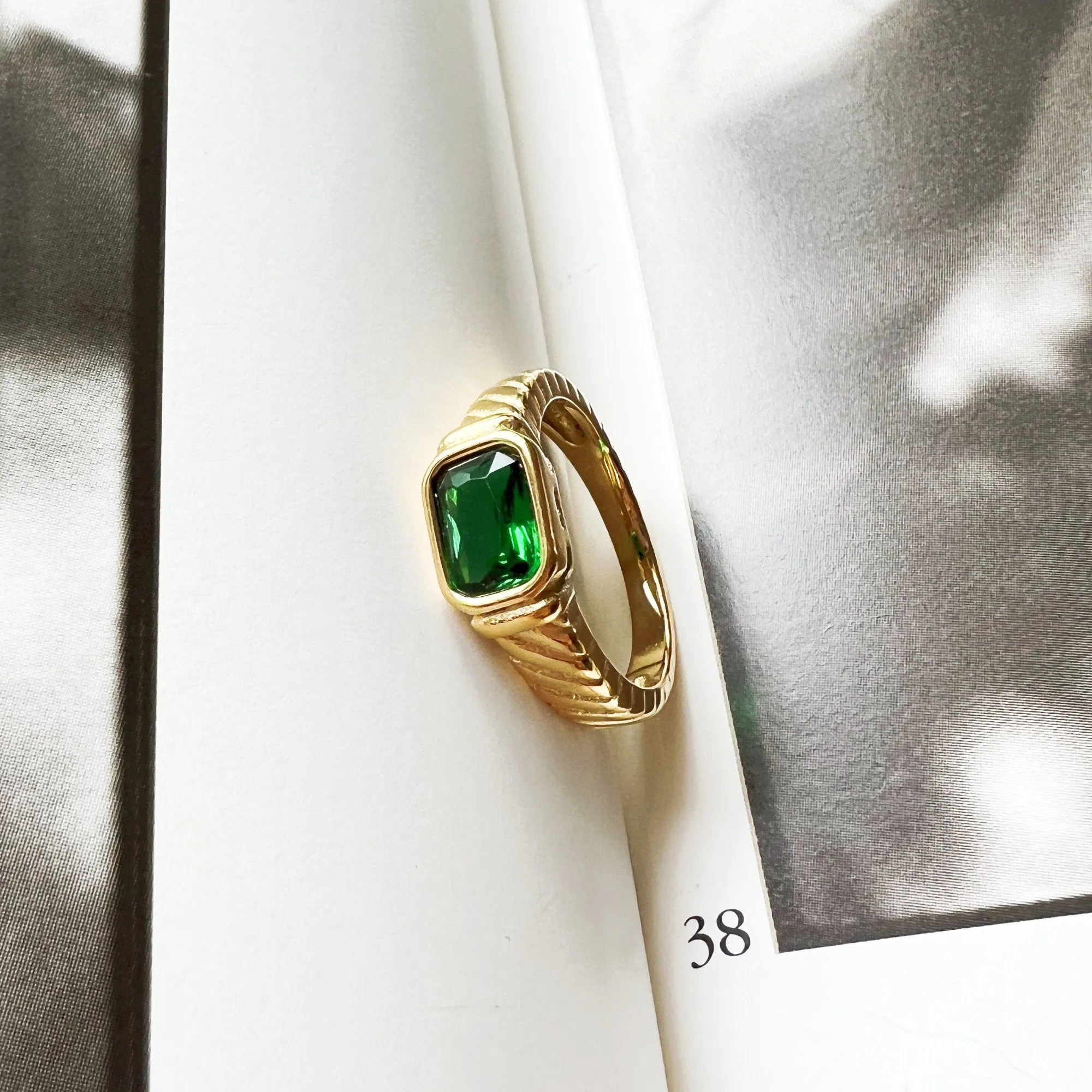 4FunGift® Dainty Gold Plated Rectangle Emerald Imitation Signet Ring Jewelry Luxury Zircon Stone Rings for Women Gold Gem Ring