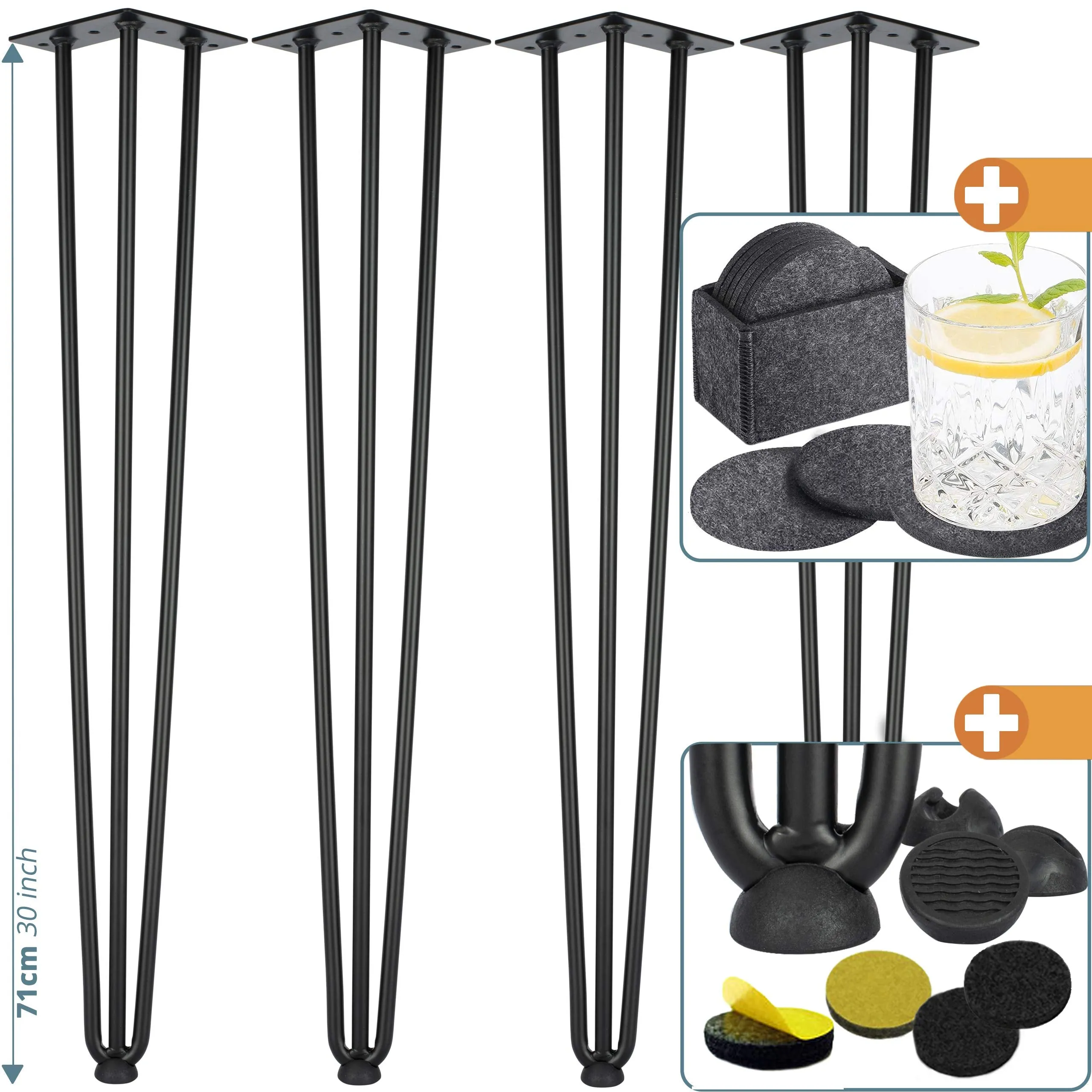 4x Hairpin Legs In Stainless Metal Black - Furniture Legs 71 Cm With 3 Struts  P