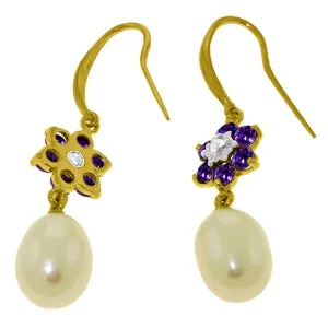 9.01 Carat 14K Solid Yellow Gold Fish Hook Earrings Diamond, Amethyst Pearl