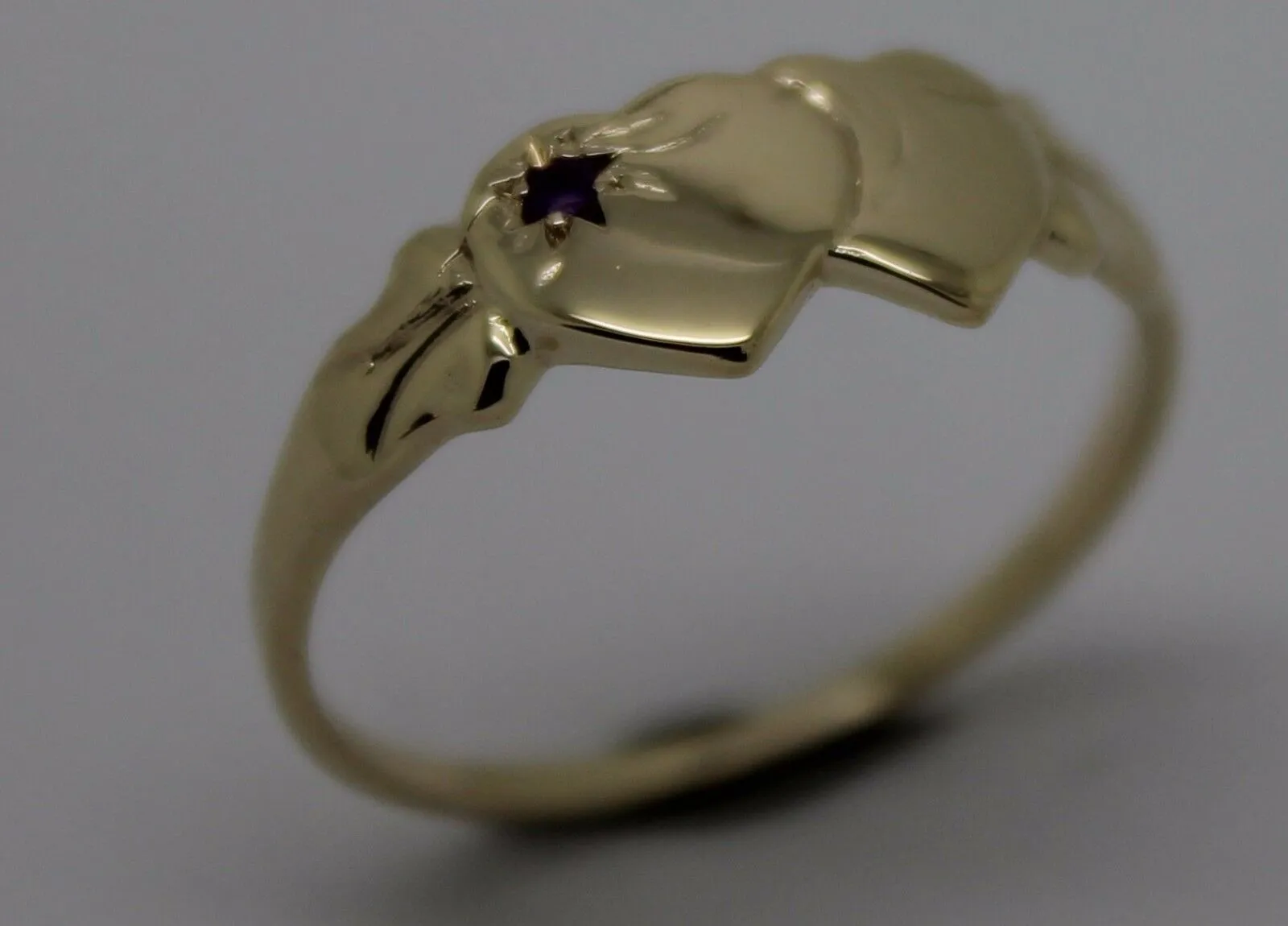 9ct Yellow Gold 375 Amethyst (Birthstone Of February) Double Heart Signet Ring