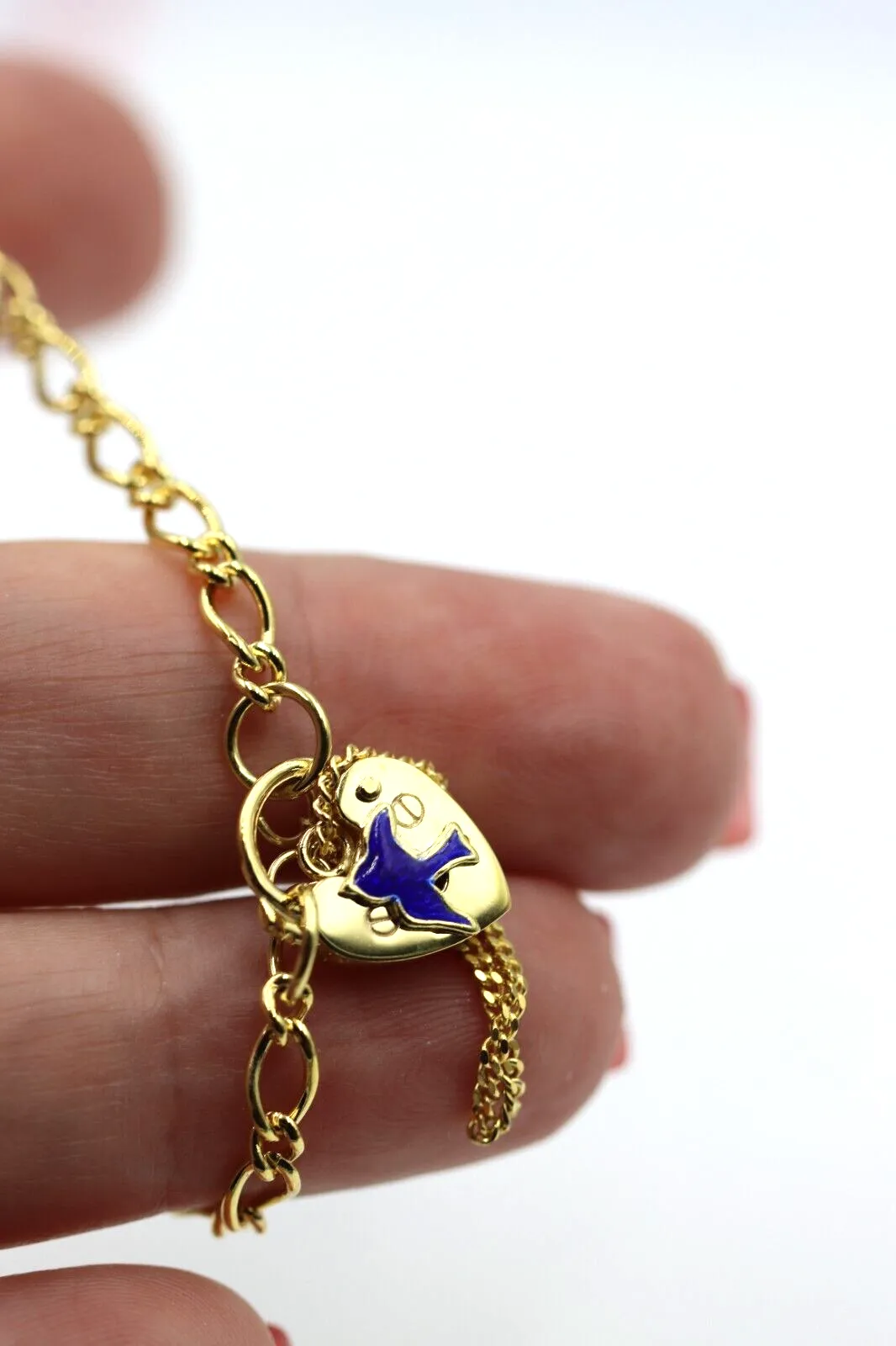 9ct Yellow Gold Oval Figaro Child Bracelet   Heart Padlock Blue Bird