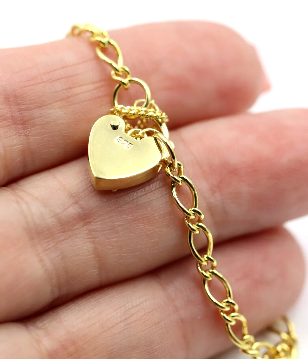 9ct Yellow Gold Oval Figaro Child Bracelet   Heart Padlock Blue Bird