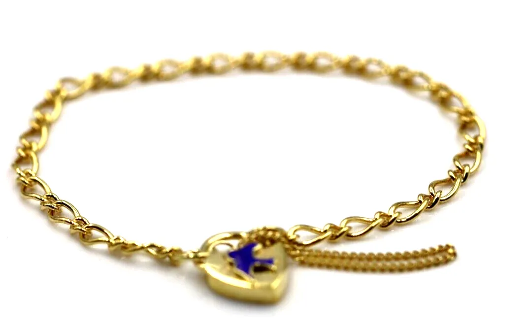 9ct Yellow Gold Oval Figaro Child Bracelet   Heart Padlock Blue Bird