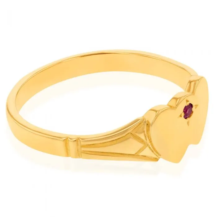 9ct Yellow Gold Ruby 2Heart Signet Ring Size H