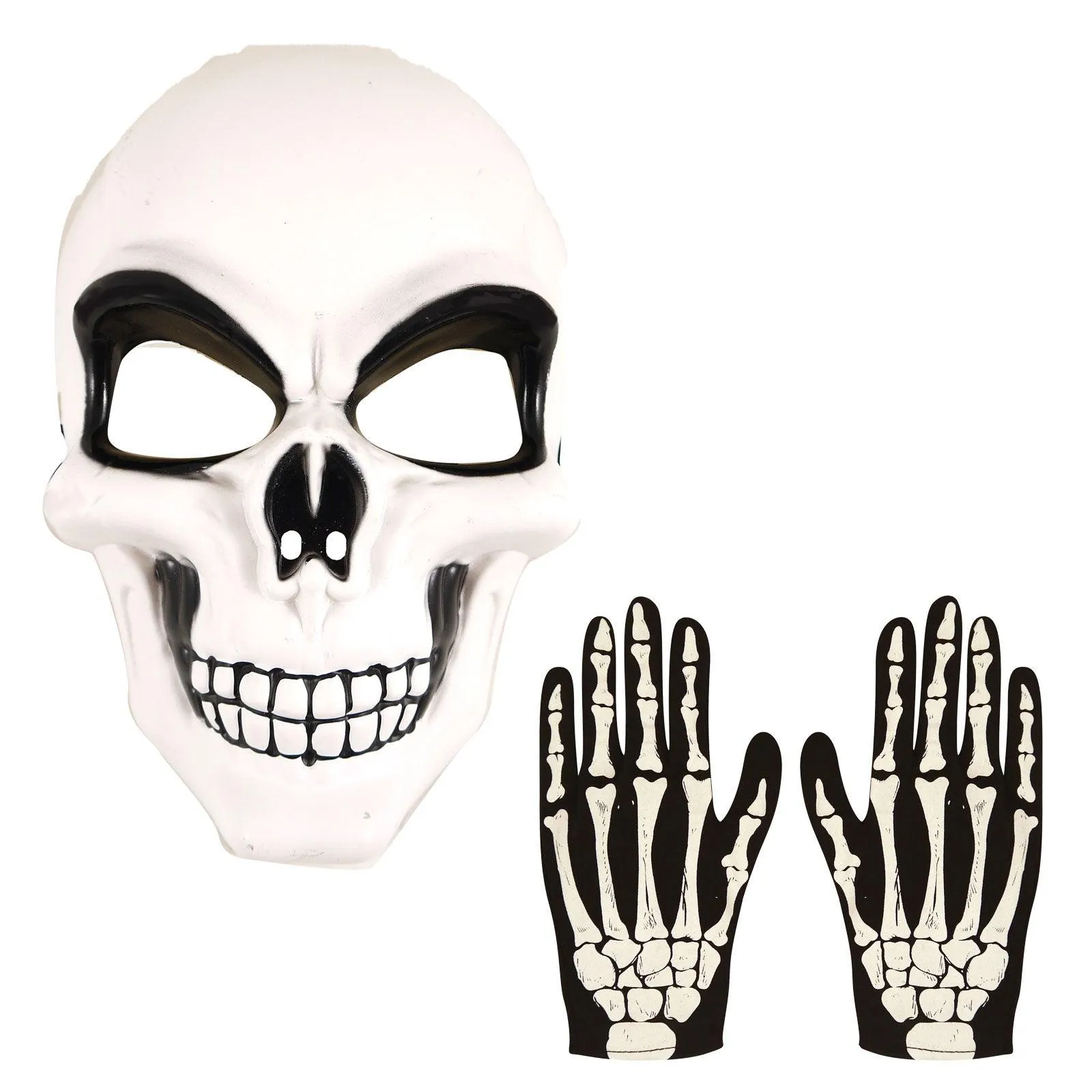 Adults White Skeleton Mask Bone Print Gloves Halloween Scary Horror Fancy Dress Costume 2 Pcs Set