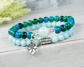 Amazonite Bracelet with Lotus Flower Charm - Set of 2 Stacking Bracelets