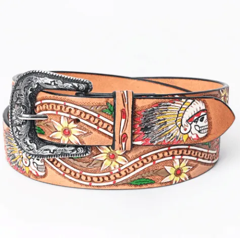 American Darling Skull & Flowers Hand Tooled & Painted Leather Belt ADBLF168