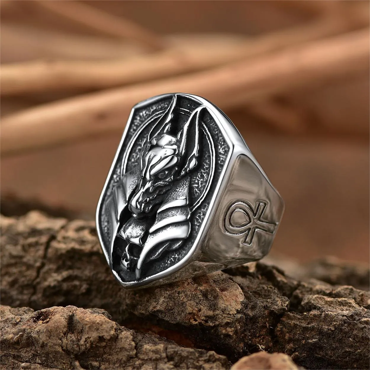 Ancient Egyptian Anubis Signet Ring With Ankh Cross for Men