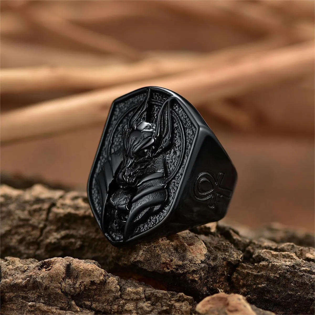 Ancient Egyptian Anubis Signet Ring With Ankh Cross for Men