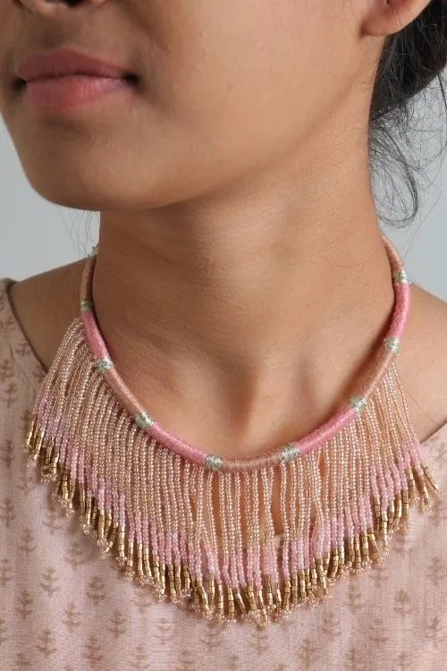 Antarang-  Gulabi (Pink) Jumki Bead Choker,  100% Cotton. Hand Made By Divyang Rural Women.