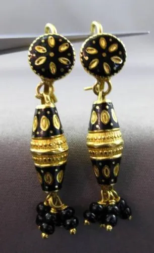 ANTIQUE 22KT YELLOW GOLD HANDCRAFTED ENAMEL CHANDELIER HANGING EARRINGS #23876