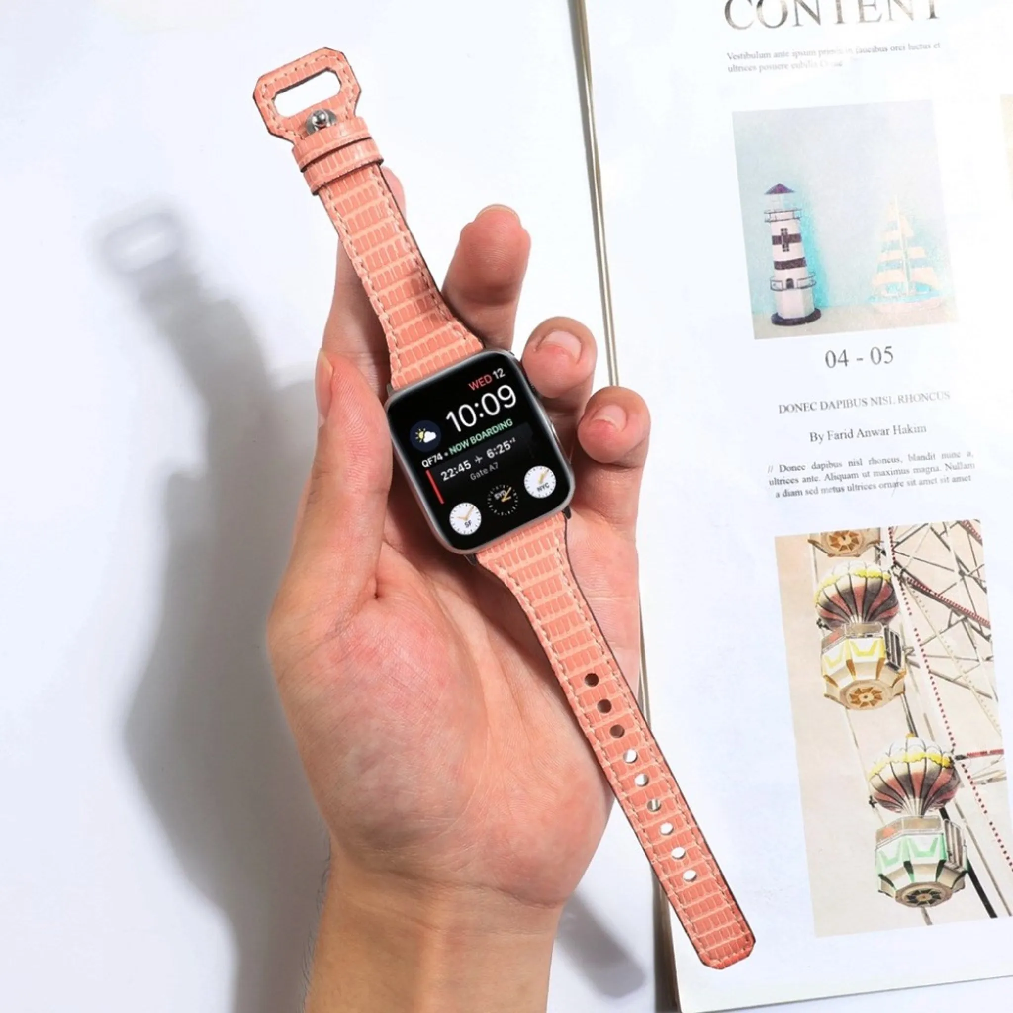 Apple Watch 44mm bamboo textured genuine leather watch strap - Apricot